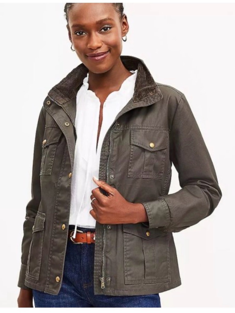 LOFT Olive Green Utility Jacket with Corduroy Collar